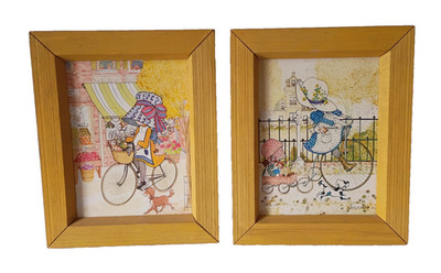 Vintage Holly Hobbie Wall Plaques Set IMY 1970s Girl Bicycle Framed Print Decor