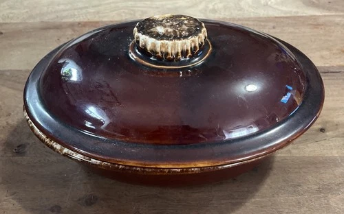 Vintage Hull Pottery USA Oval Casserole Dish With Lid Brown Drip 5” X 10” X 7.5”