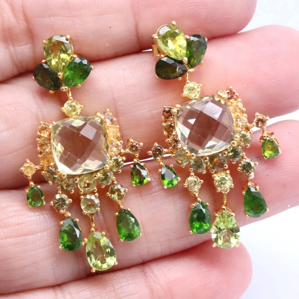 925 Silber 10x10 mm Lemonquarz, Peridot, Chromdiopsid & Saphir Ohrringe - Bild 2 von 4