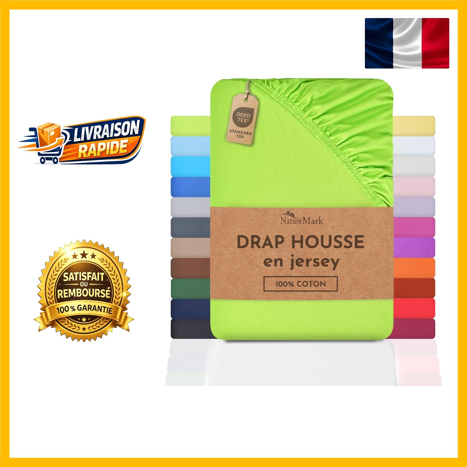 Drap-housse en jersey vert pomme 90x200 cm : fini les coins de matelas qui sautent