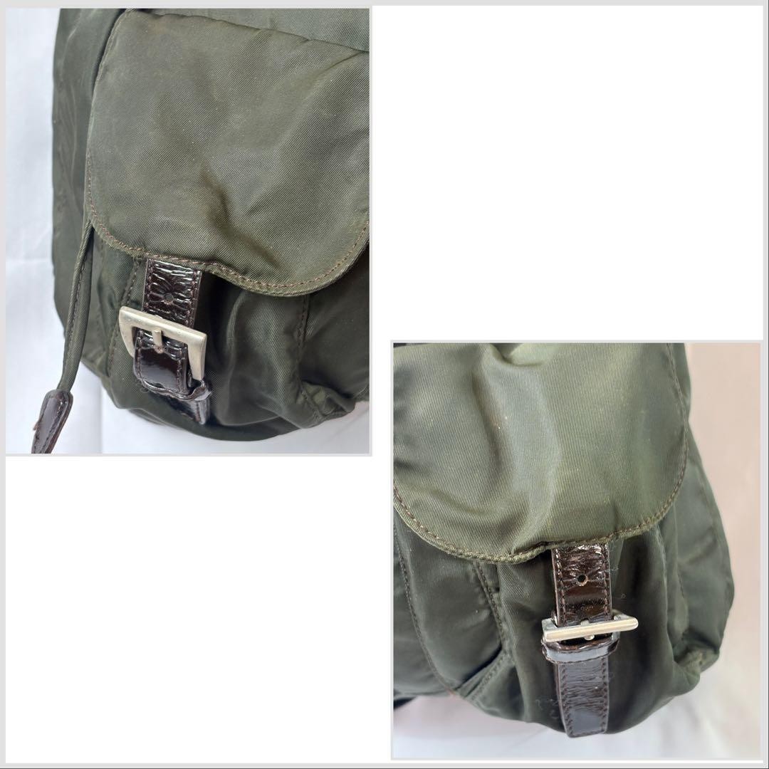 PRADA Nylon Leather Backpack Khaki Green Triangle Plate with Storage Bag Stains thumbnail 8
