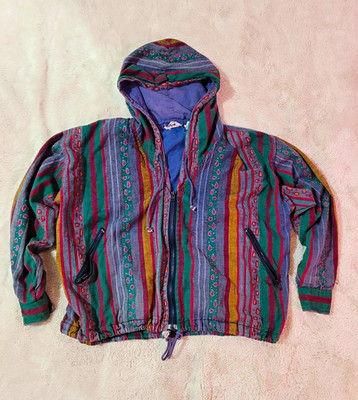 regarde! Mens Hooded Striped Windbreaker Jacket Full Zip Multicolor Size S Boho