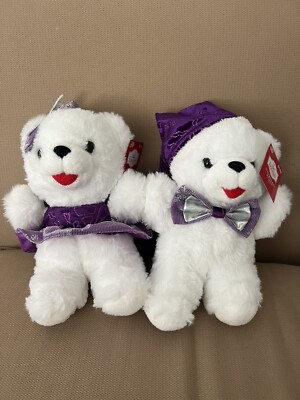 2022 WALMART SNOWFLAKE TEDDY BEAR SMALL GIRL and BOY  IN PURPLE & WHITE Set Of 2