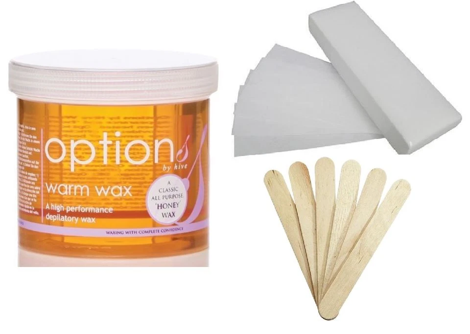 HIVE WARM HONEY WAX 425g + 100 WAXING STRIPS + 25 SPATULAS kit paper