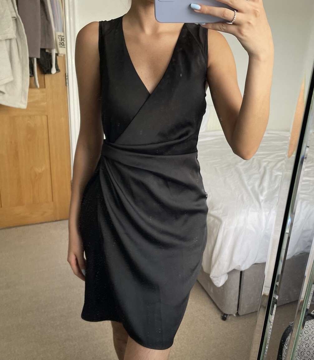 All Saints Sleeveless Black Satin Wrap silky Evenin Mini Midi Knee