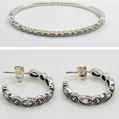 🎁 3pc Authentic Pandora BANGLE BRACELET & HOOP EARRINGS GIFT SET