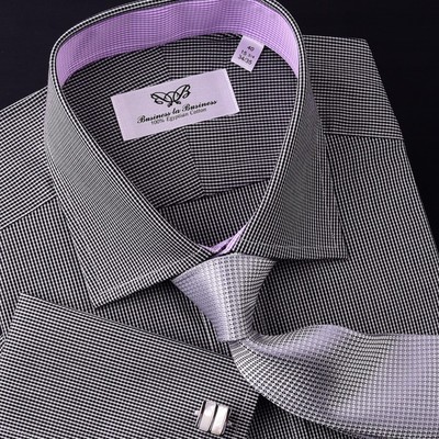 Small Mini Black Gingham Check Formal Business Dress Shirt Contrast Lilac Colors