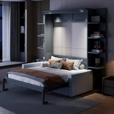 Queen Size Murphy Bed Wall Bed with Sofa Shelves and LED Lights Wood Hidden Beds