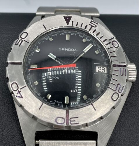 Vintage 70er Sandoz Taifun 1000m Taucher Schweiz Automatik 41 mm schwarzes Zifferblatt Armband - Bild 5 von 12