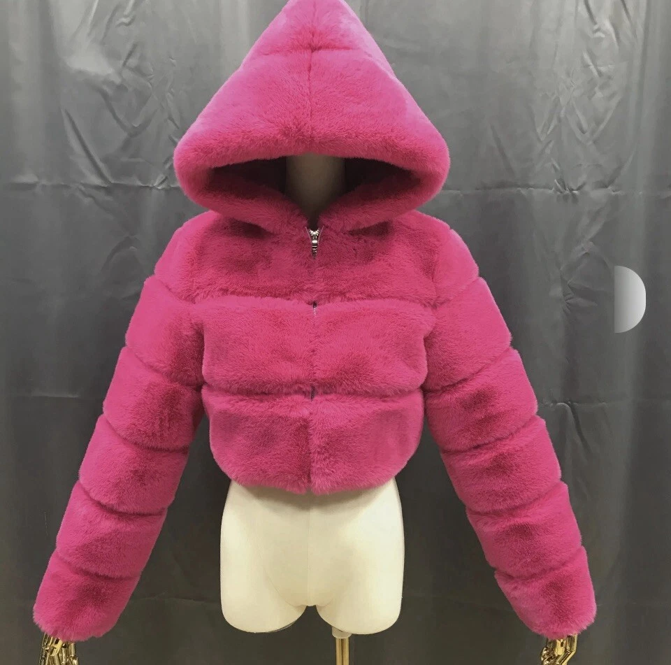 Abrigo corto de piel de zorro sintética para mujer Chaqueta corta mullida con capucha Prendas exteriores cálidas Elegante Foto 3 de 4