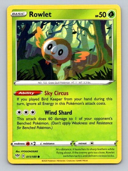 2020 Pokemon Card Darkness Ablaze Rowlet 11/189