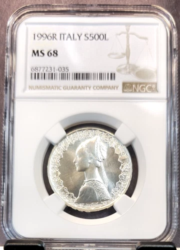 1996 ITALY SILVER 500 LIRE RENAISSANCE WOMAN NGC MS 68 RARE TOP POP 1