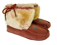 SUPERLAMB Navajo Moccasin Slipper Women’s Booties 9 Orange Teal Sheepskin Fleece