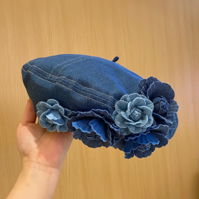 Women French Beanie Hat Beret Cap Artist Flower Casual Denim  display picture 1