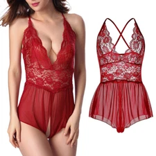 Sexy Lingerie Women Lace Teddy Babydoll Halter Bodysuit Nightdress Sleepwear Set
