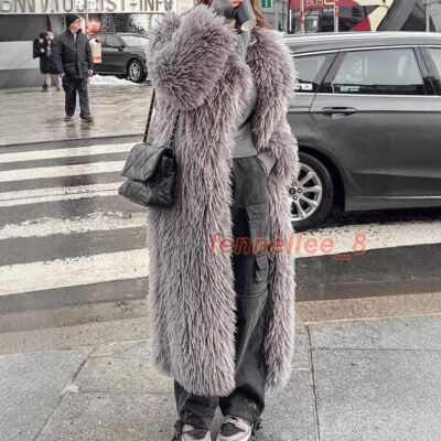 American Style Womens Lapel Collar Super Long Coat Faux Tibet