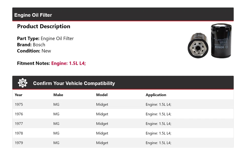 Filtro de aceite de motor Bosch 1,5 L L4 MG Midget 1975-1979 1976 1977 1978 Foto 2 de 3