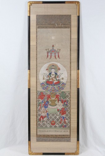 Antique Chinese Buddha on Lotus Flower Scroll Painting 53" Richard Tobey Frame - Picture 1 of 12