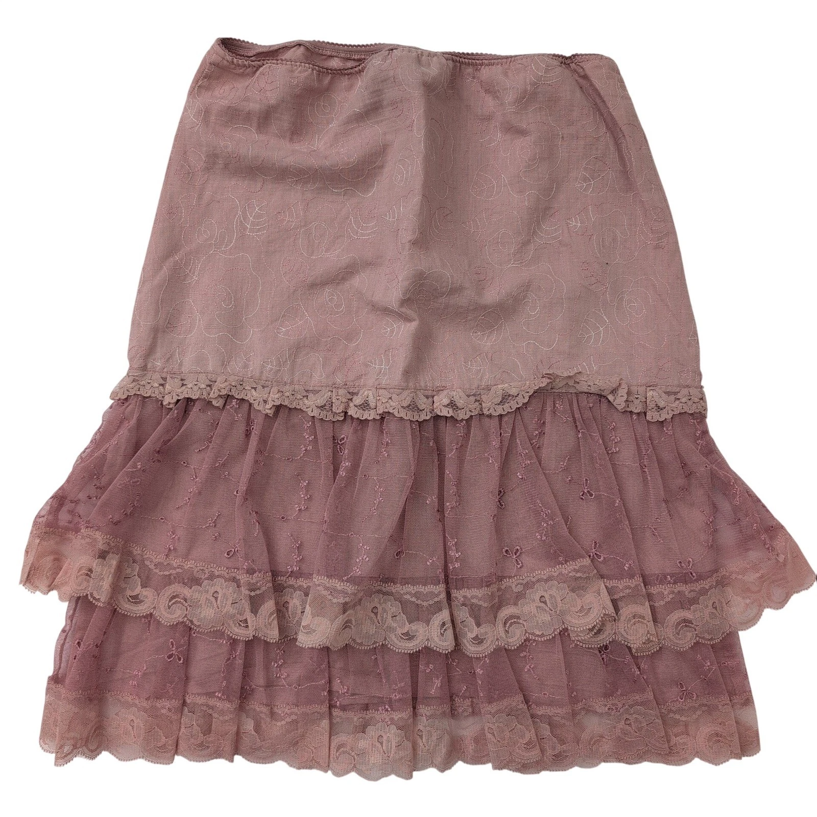 Vintage Y2K Coquette New York City Design Pink Lace Tiered Ruffle Skirt Size 6