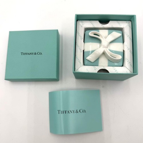 TIFFANY&Co. Jewelry Box Couples Classic Blue Bow Mini Square Ceramic 2143 In Box
