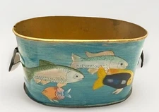 Nautical Basket Planter Boho Art Hand Painted Fish Beach Sea Metal Cottage VTG