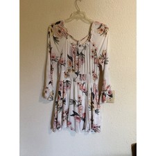 American Rag Womens Floral Smocked Waist Mini Dress White Pink Long Sleeve S