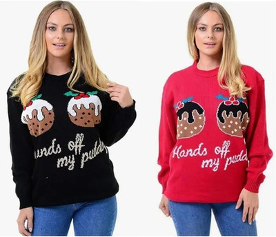 H.O.S Damen Ladies Xmas Weihnachten Hand Off My Pudding Strickpullover Oberteil