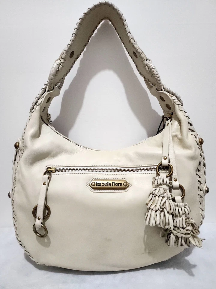 Bolsa boho Isabella Fiore couro hobo creme bordado floral frisado - Imagem 2 de 4