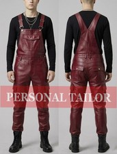 Mens Burgundy Leather Overall Bib Cargo Pocket Utility Uniform Dungaree Jumpsuit