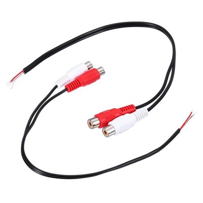 12 Inch Flat Red/White RCA 2-Female Plug Jack Connector Adapter to Bare Wire