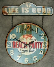 LIFE IS GOOD HAVE FUN BEACH PARTY Ocean Blue DISTRESSED TIN WALL CLOCK