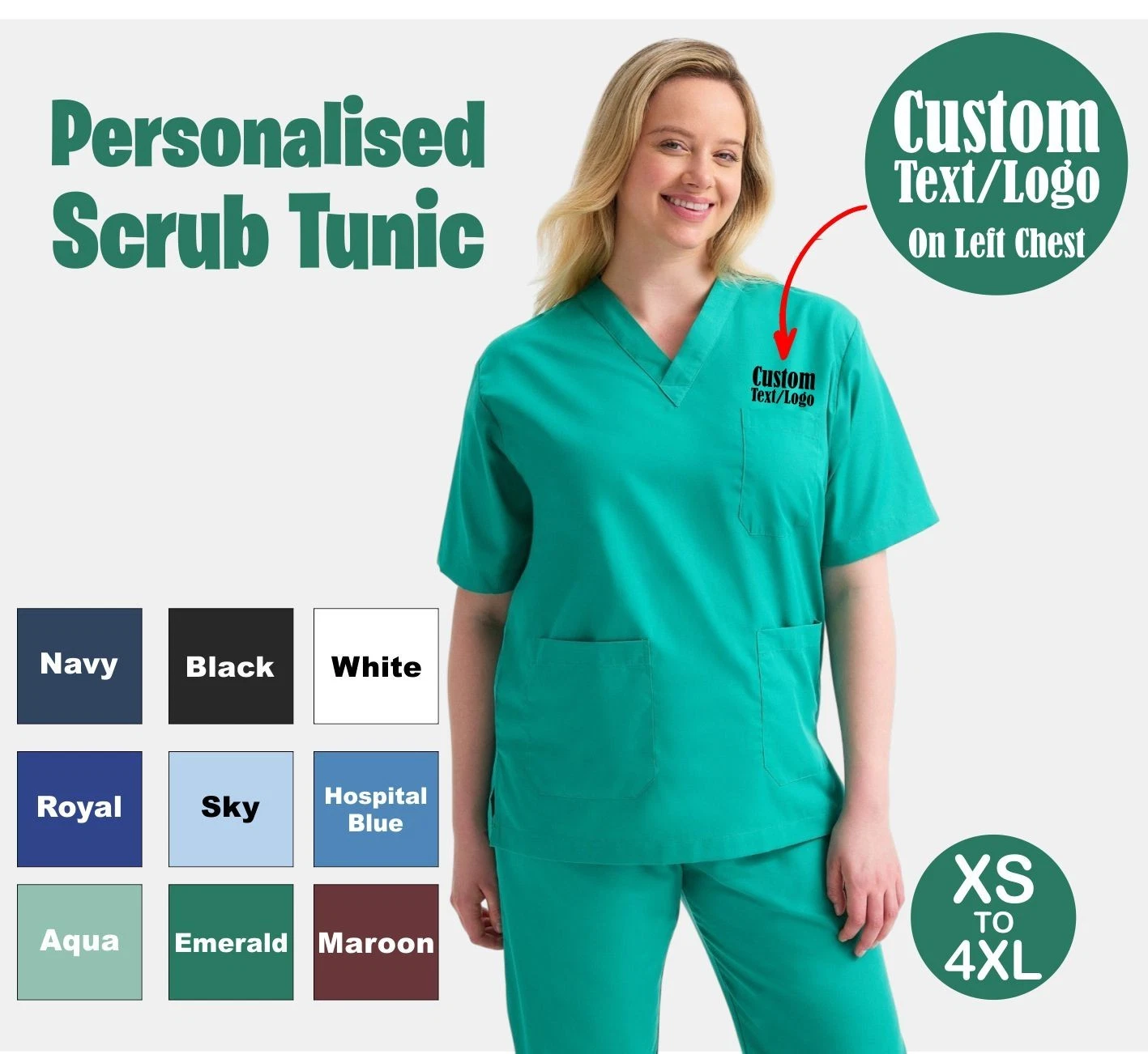 Custom Printed Unisex Scrub Tunic, Text Logo, Personalised Printed Nurse wear