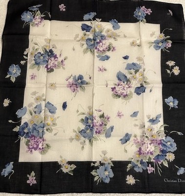 Vintage Christian Dior Floral Cotton Square Scarf Black Ivory Blue 16.5 