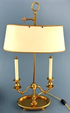 Bombay Brushed Brass 2 Arms Bouillotte Table Lamp w Oval Beige Tole Shade 26''H