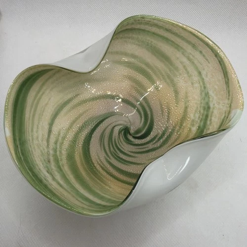 Vintage Murano Tutti Frutti Yellow, White, And Green Shell Shaped Swirl Glass