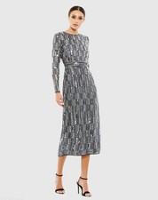 NWT Mac Duggal Gray Embellished High Neck Long Sleeve Fitted Dress, Size 6