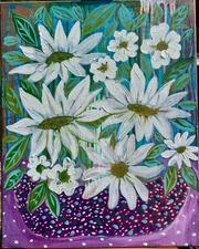 Purple Turquoise White Floral Still Life Original Folk Art Painting Acrylic