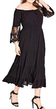 Black Off  Shoulder Maxi Dress Lace Flare Sleeve Smocked Waist Ethereal Goth 2XL
