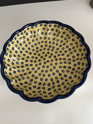 Ceramika Artystyczna Handmade Polish Ceramic Bowl, Yellow Blue Floral, Glossy
