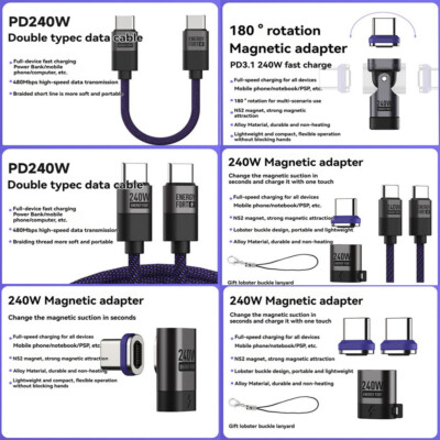 240W Magnetic Type-C Adapter Laptop Phone PD3.0 Fast Charging USB Date Cable