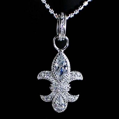 *FLEUR DE LIS*__BRILLIANT CLEAR CZ PENDANT NECKLACE w/CHAIN__925 STERLING SILVER