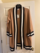 Marella Medicea Tan/cream/black 100% Wool Long Belted Knit Cardigan Jacket $545
