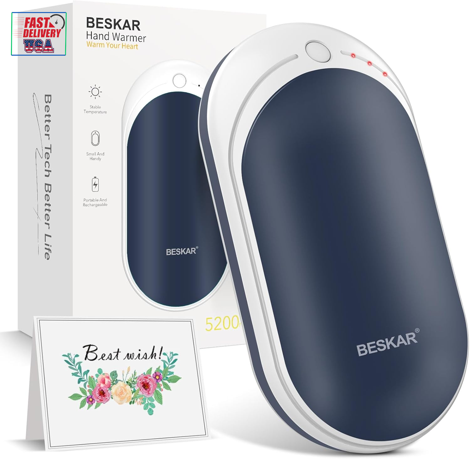 Rechargeable Hand Warmer, 5200Mah Electric Handwarmers with Long Lasting Heating