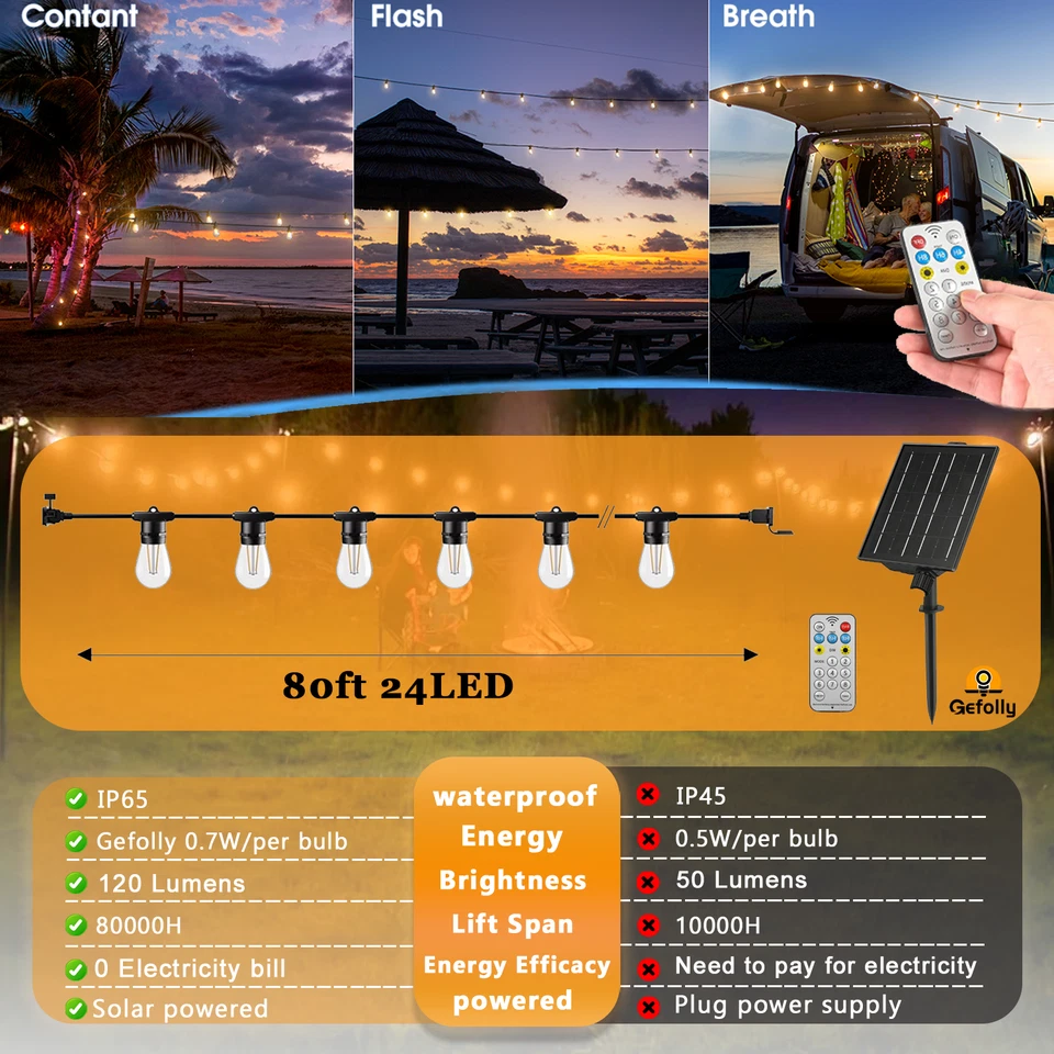 Cadena de luces solares exteriores de 80 pies para patio impermeable conectable ST38 luz LED Foto 3 de 4