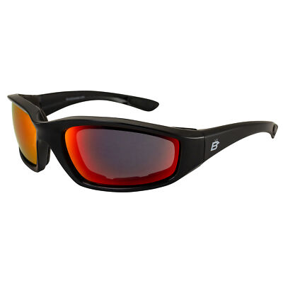 Birdz Oriole Padded Motorcycle Riding Sunglasses Black Frames Red Mirror Lenses