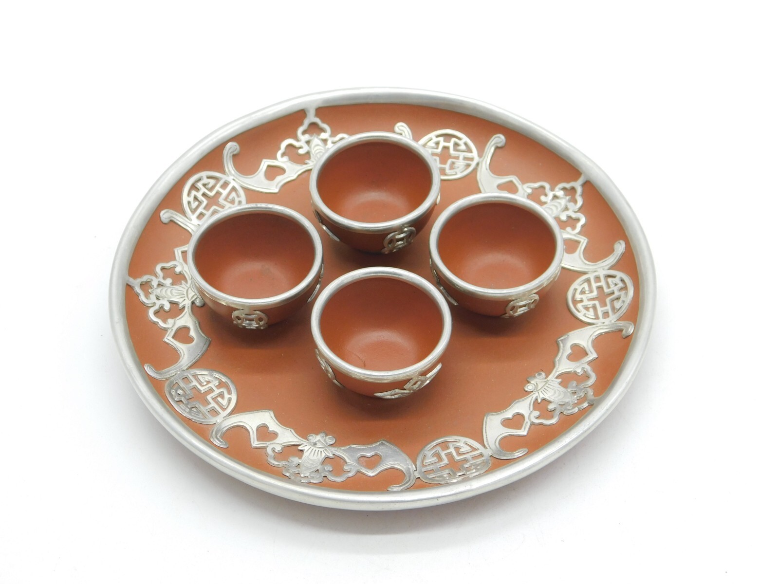 Japanische Silber & Rotlack Sake Schale Schnapsbecher Set Antik um 1930