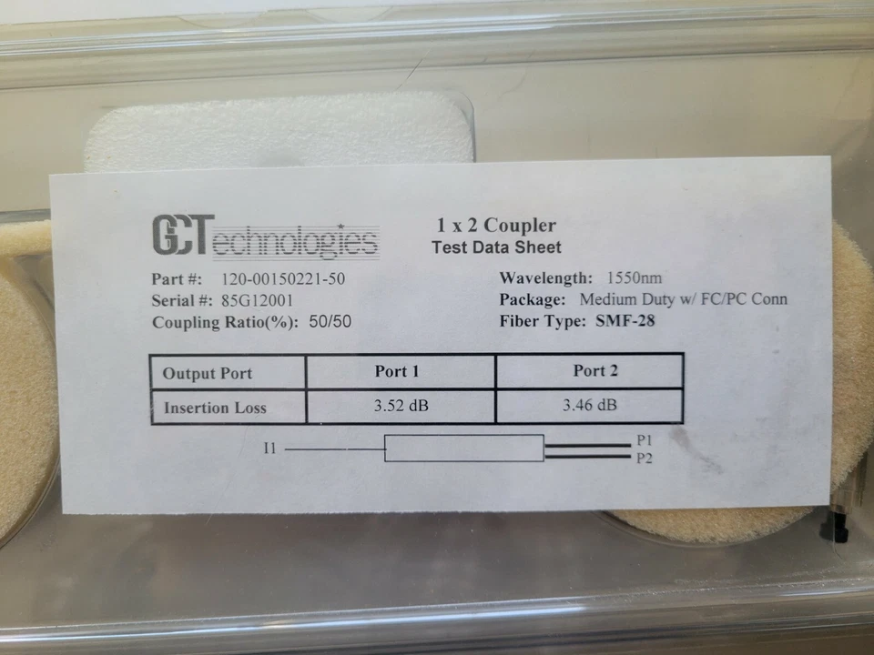 Fiber Optic 1X2 Coupler, GC Tech, 1550nm, SMF-28, 50/50, FC/PC Connectors - Image 2 of 3