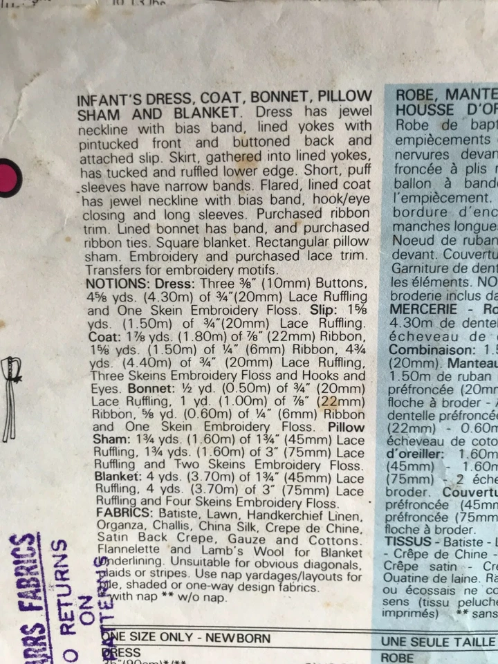 Vogue Sewing Pattern 2878 Baby Dress, Coat, Bonnet, Pillow Sham & Blanket  Sz NB - Image 3 of 4