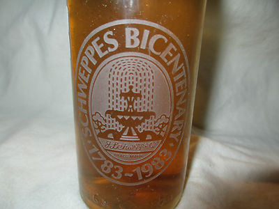 1983 Schweppes Ginger Ale Etched glass Bottle Promo bicentennial Custom
