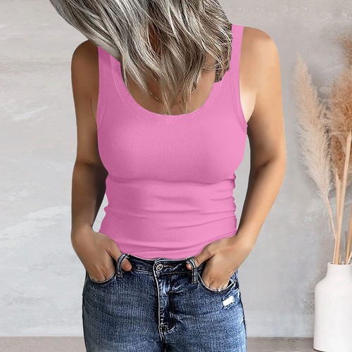 Women's Scoop Neck Sleeveless Knit Ribbed Fitted Casual Crop Tank Top - Picture 14 of 48